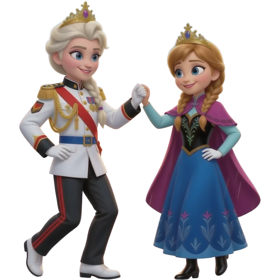 Sister Elsa and sister Anna from disney frozen movie are same wearing gold tiara white military tunic arm badge shoulder cord medal red sash blue belt black trouser with both side red stripe white shoes and they both dancing in sunset rain of city emoji