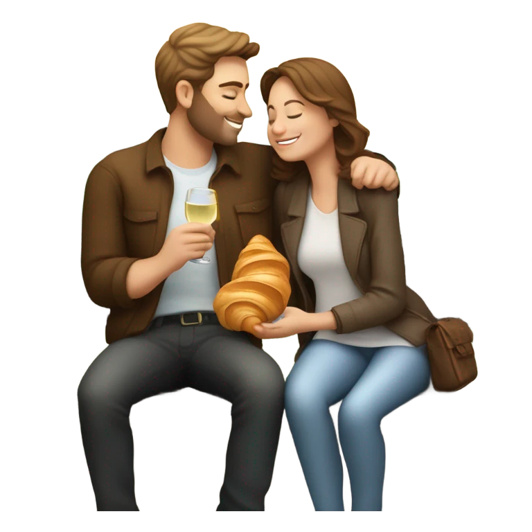 couple of white people with brown hair, sitting closely on a park bench, enjoying a romantic moment. One person is holding a croissant, and the other is holding a glass of Prosecco.  emoji