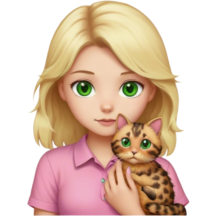 Blonde girl with a pink shirt and green eyes holding a fluffy tortoiseshell cat emoji