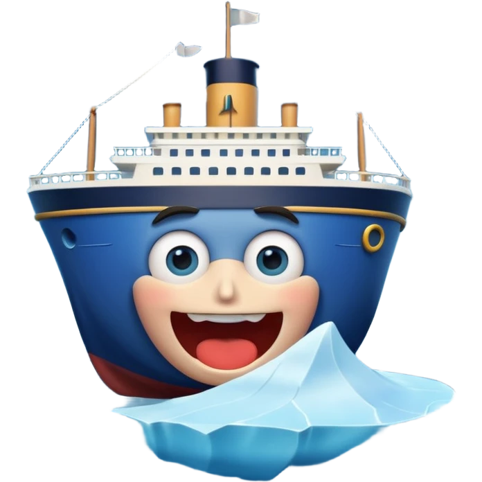 3D Apple Memoji style: Titanic ship with a shocked face (big eyes, open mouth), cartoon realism, glossy finish, sailing toward a large mischievous iceberg emoji, white-blue, shiny, Pixar-level rendering, calm dark blue sea, moonlit sky, vivid colors, soft shadows. emoji