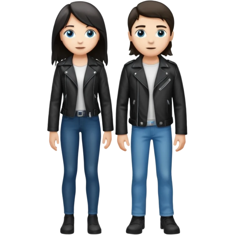 full-length couple, girl with long silver hair and blue eyes in black leather jacket, boy with dark brown hair in white shirt emoji