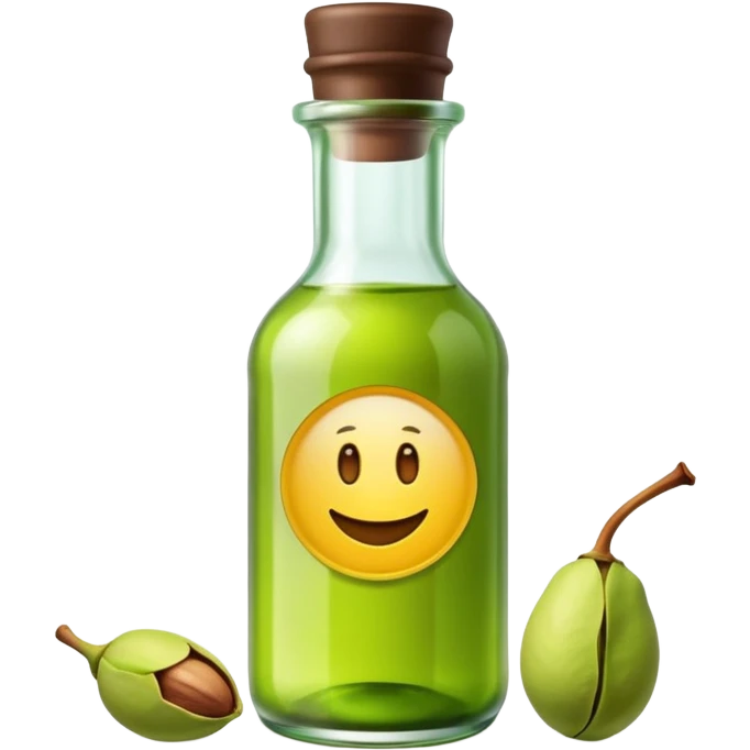 small bottle with translucent green pistachio essence, glass, narrow neck, simple label, dark cap, liquid vivid and slightly viscous, soft lighting, emoji scale emoji