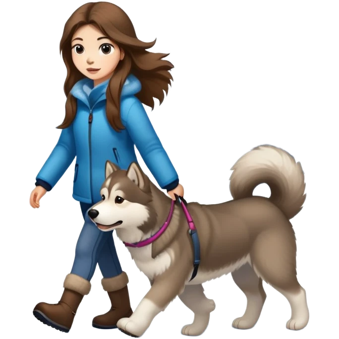 A girl with long brown hair walks an Alaskan emoji