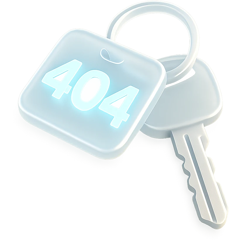 A set of 3D rendered car keys with a distinctive key fob displaying "404" in a light sky blue #ace8de emoji
