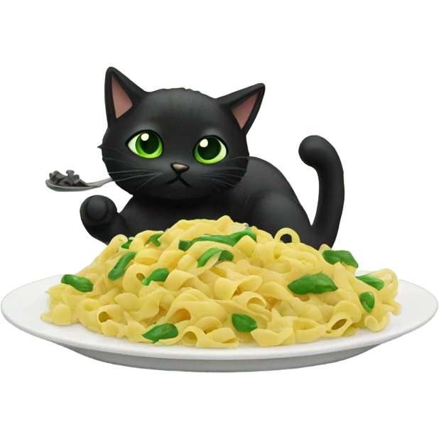 black Cat green eyes eating pasta emoji