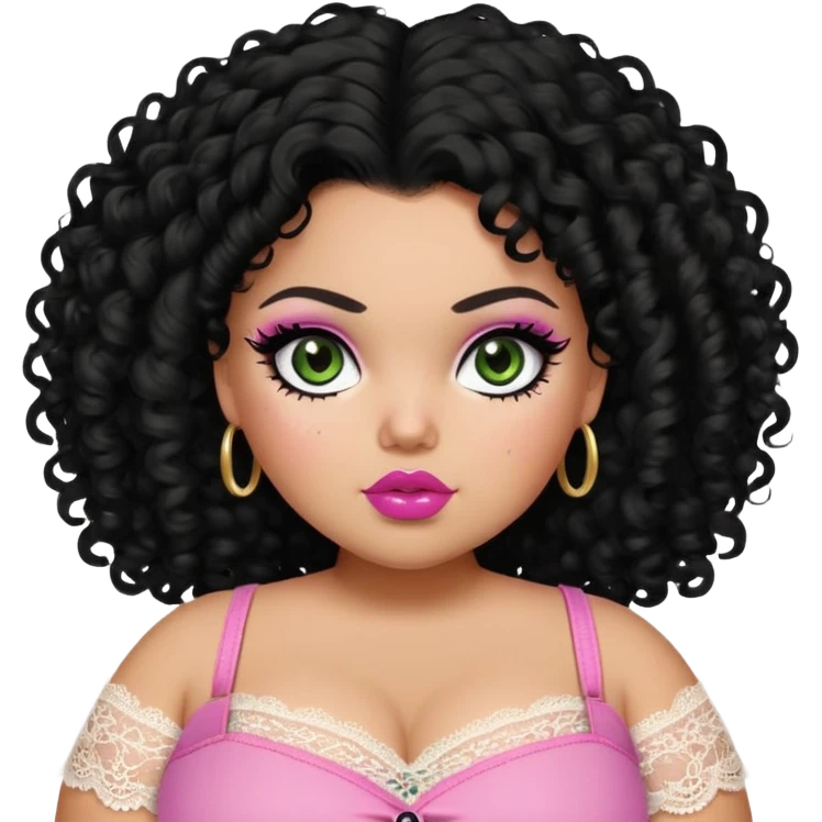 big fat plus size, pretty bratz girl, black curly hair, freckles, dark green eyes, pink lips, black eyeliner, tan skin, cute lace girly clothes emoji