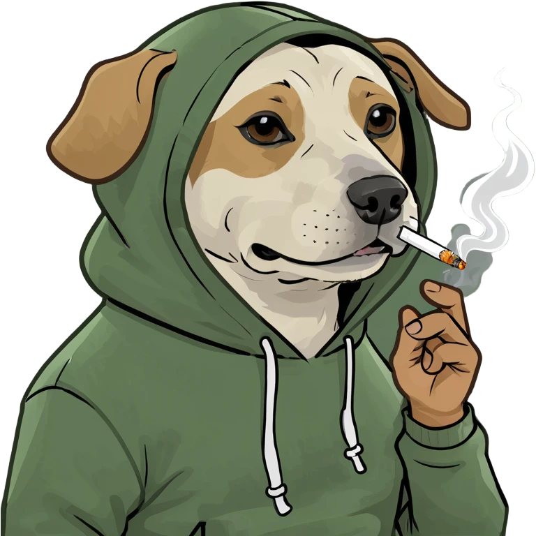 Dog wearing a hoodie smoking a joint emoji