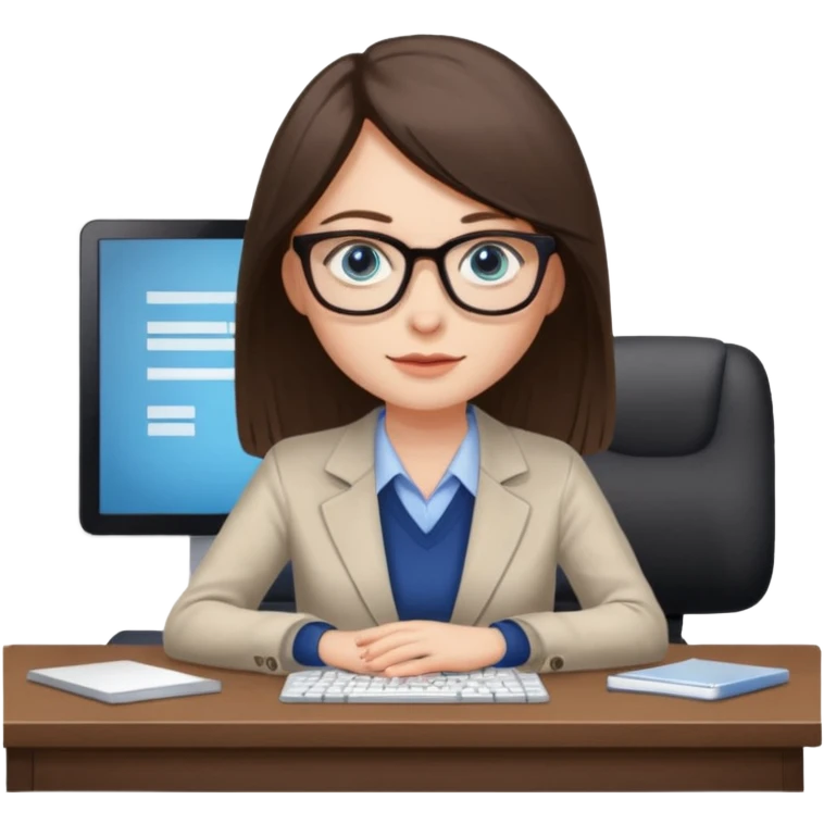 donna occhi azzurri con occhiali, capelli media lunghezza lisci, davanti al pc alla sua scrivania. è una grafica editoriale e redattrice emoji