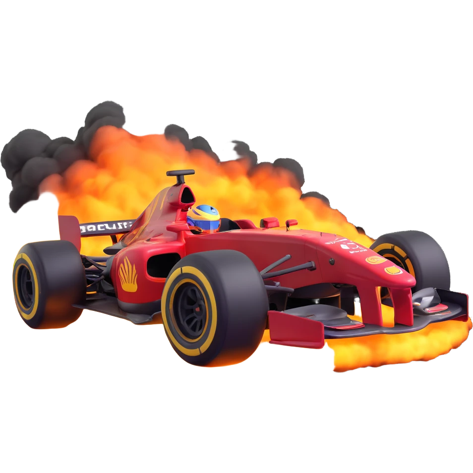F1 racing wheel burning rubber, dramatic smoke, high speed, action emoji