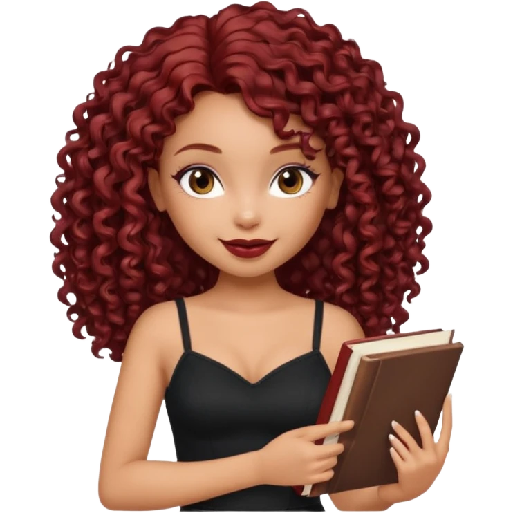 generate a pretty bratz girl curly dark red hair, brown lipstick on, smiling. Book in hand, wearing a black cami top. emoji