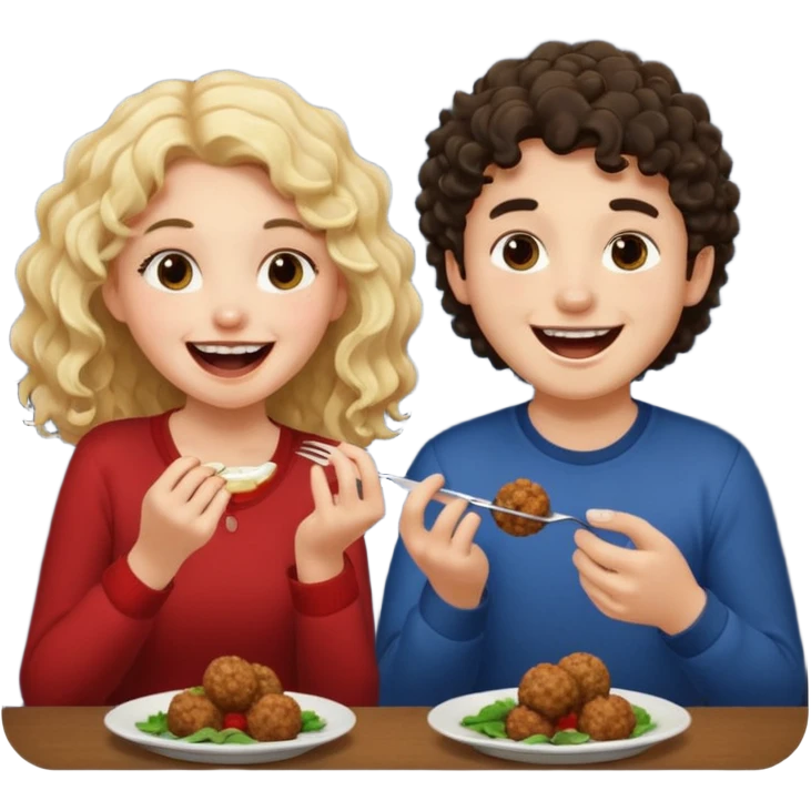 Ragazza bionda leggermente riccia e lunghi che ride ad un ragazzo con i capelli ricci scuri mentre mangia polpette emoji