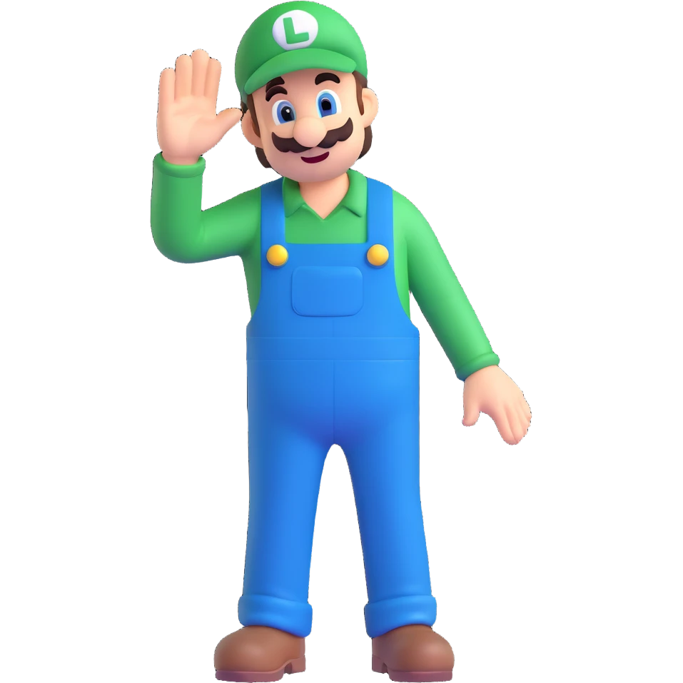 full body Luigi from Mario, classic green hat and blue overalls, waving pose, 3D emoji style emoji