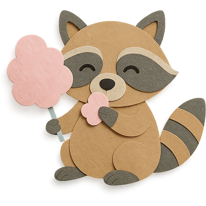 raccoon eating cotton candy, paper craft style emoji