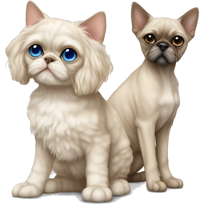 Beige Devon Rex Cat with blue eyes sitting next to a larger beige shih tzu  dog  emoji