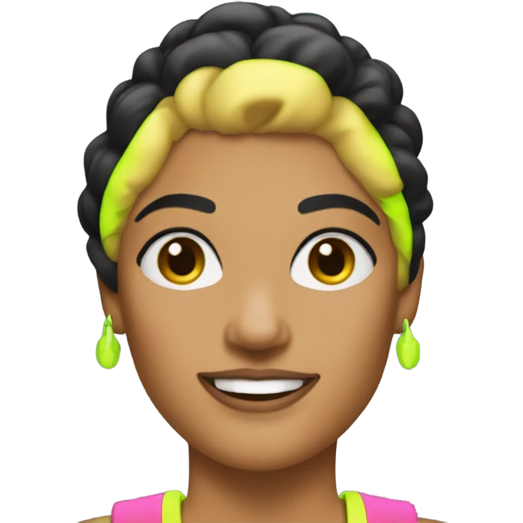 Tanned woman with black hair dressed in 1980s fitness hair, makeup, and neon attire  emoji
