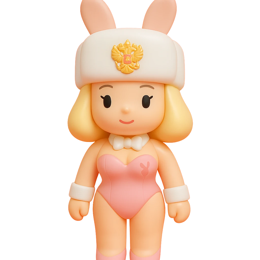 female PlayBoy Bunny character in pink costume, wearing a white ushanka hat with Russian coat of arms emoji