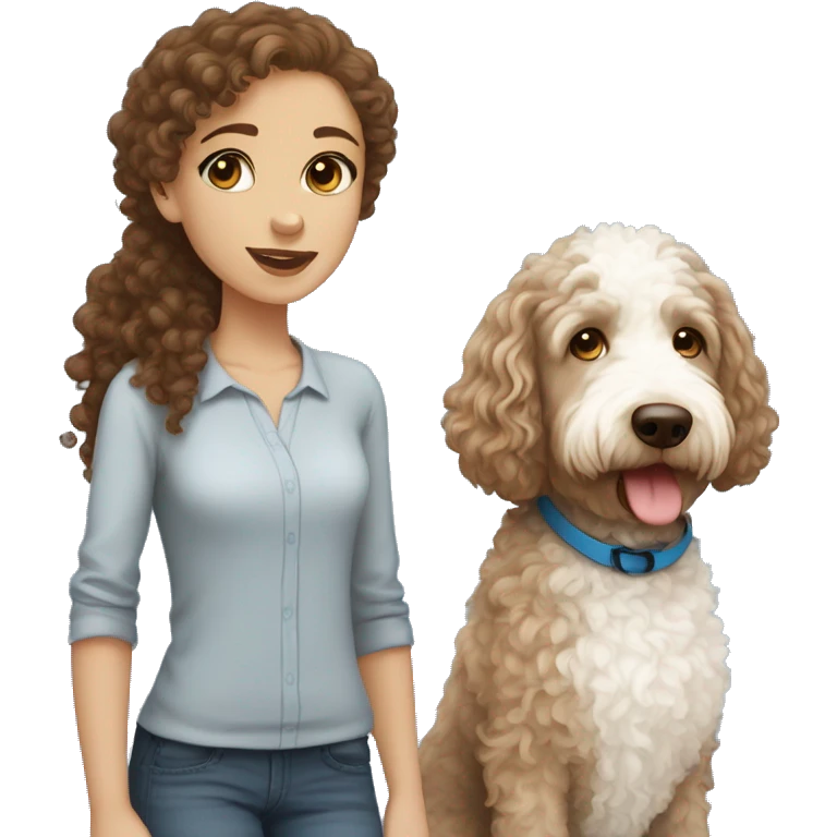 girl with curly brown hair and blue eyes , light skin with white and brown Labradoodle emoji