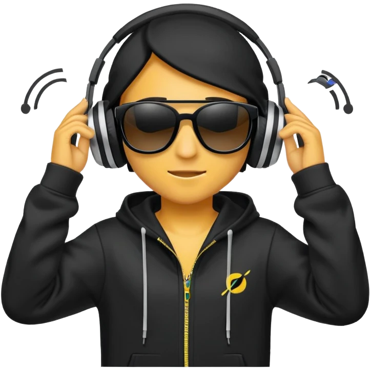 a hoodie with sunglasses and headphones with dancing motion lines emoji