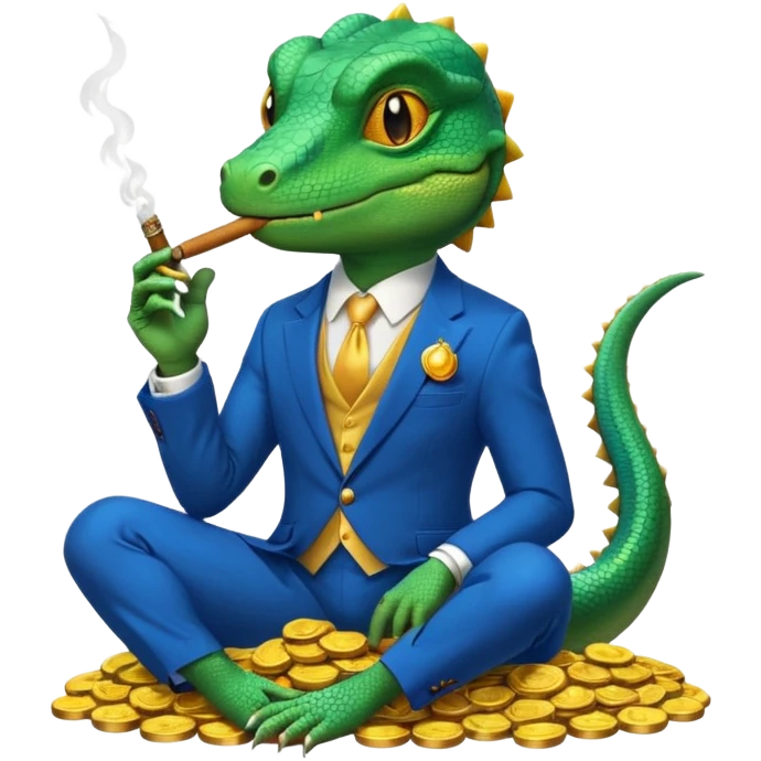 lizard in a blue suit, looking cunning, holding a cigar, sitting on a heap of gold coins, apple emoji style, no text emoji