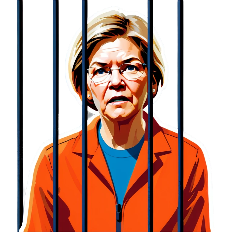 Make a picture of Senator Elizabeth Warren wearing an orange jumpsuit and behind bars make her look worried  emoji