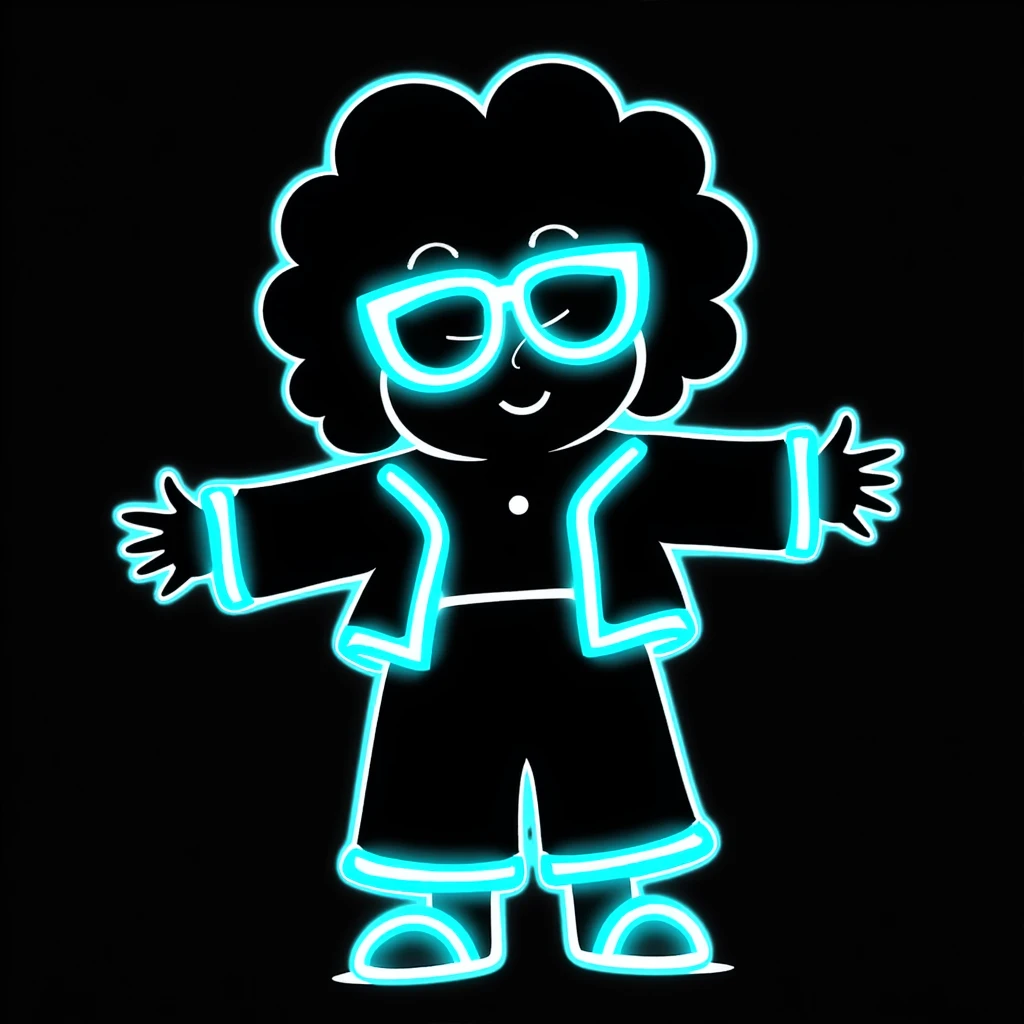 Cabbage Patch Kid dressed as Tron character with neon accessories, 80's retro sci-fi style emoji