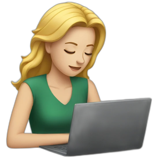 White woman resting head on arms looking at a laptop emoji