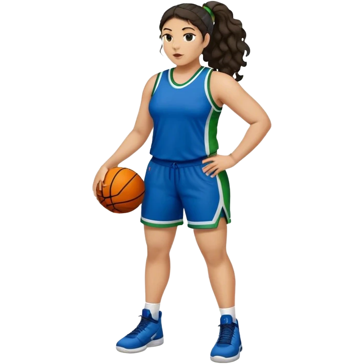 full body plus size light skin  latino women basketball player with wavy dark hair in pony tail wide nose wearing blue uniform with green accent emoji
