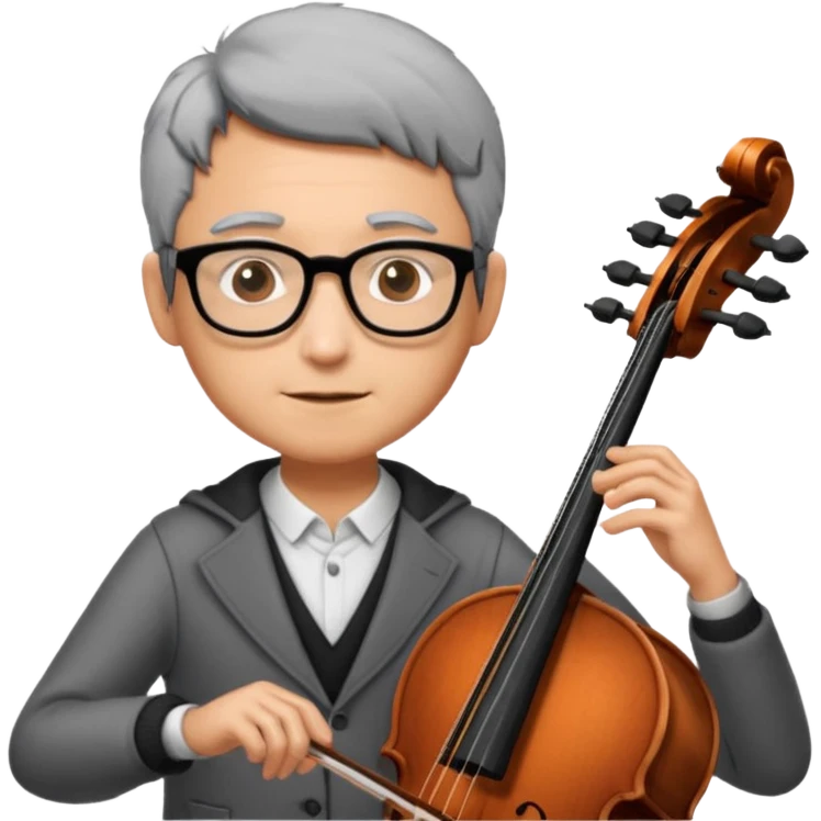 an emoji of my mum playing the cello, she has short black-ish gray hair, wears glasses, she is small emoji