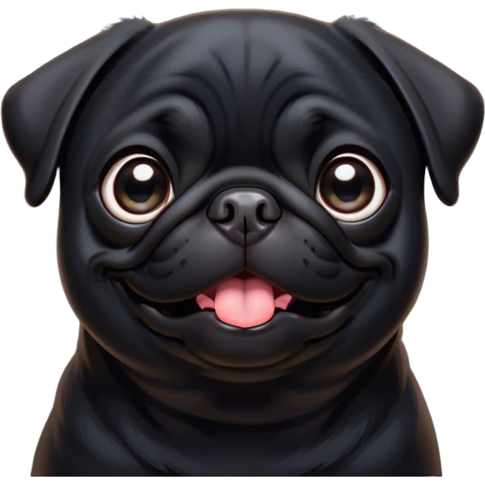 Cinematic Comical Black Pug Portrait Emoji, Head tilted dramatically with an exaggeratedly amused expression, featuring a sleek black coat with a glossy finish, wide, expressive dark eyes filled with playful disbelief, Simplified yet hilariously expressive features, highly detailed, glowing with a slightly sassy glow, high shine, dramatic yet playful, stylized with an air of cheeky mischief, bright and endearing, soft glowing outline, capturing the essence of a spirited and over-the-top companion, so meme-worthy it feels like it could side-eye its way into internet fame instantly! emoji
