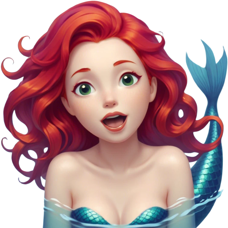 Cinematic Realistic Red Hair Mermaid Portrait, head tilted slightly with a dramatic, wide-open yawn, revealing a tender, relaxed visage with delicately detailed porcelain skin and vibrant, cascading red hair softly billowing around her. Her dreamy eyes exude a serene, aquatic charm, rendered with gentle underwater lighting and high shine—capturing the essence of a drowsy yet mesmerizing mermaid drifting into a tranquil slumber beneath the sea. emoji