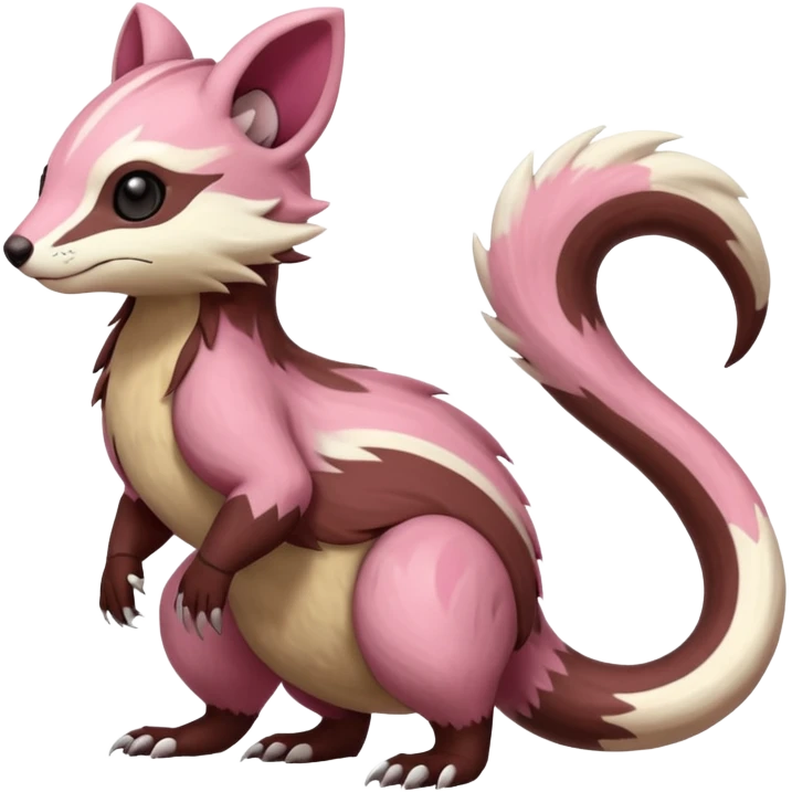 Rare realistic brown-scaled pink, white beige edgy badass epic pretty beautiful handsome gorgeous aesthetic colorful vibrant Vernid-Furret-Linoone-Salandit-Amaura-species-Fakemon-creature by LiLaiRa, random markings, (full body) emoji