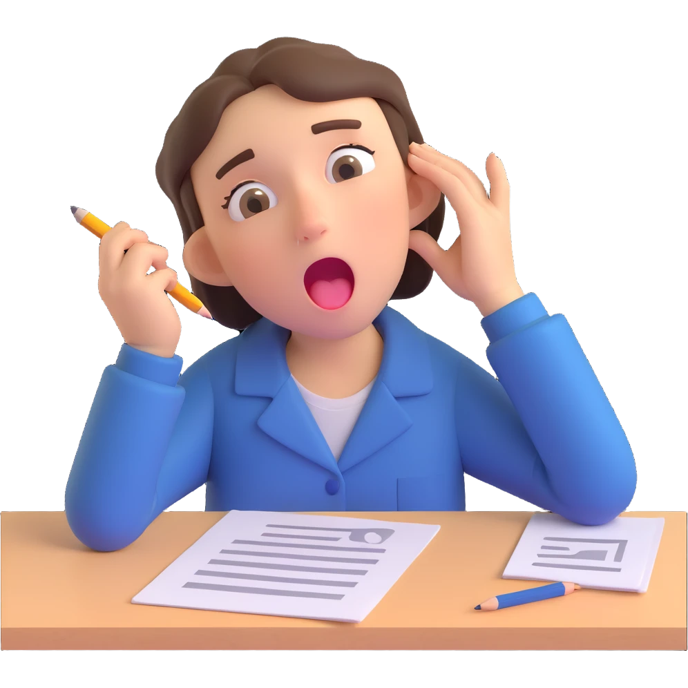 emoji of a person with a pencil behind their ear, yawning, with dark circles under their eyes and exam papers scattered around emoji