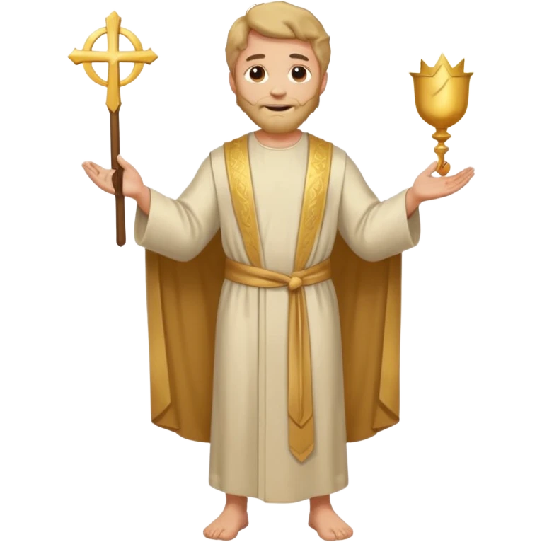 fullbody apostle Peter, classic emoji style, lighter colors, sleeveless shirt like in 'The Chosen', plain robes, expressive face, standing, smiling, halo emoji