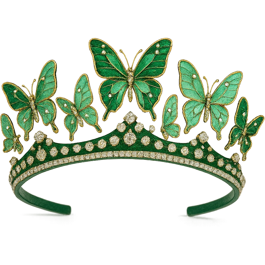 butterfly crown with a forest green base, butterflies in emerald and mint green enamel, sparkling gems emoji