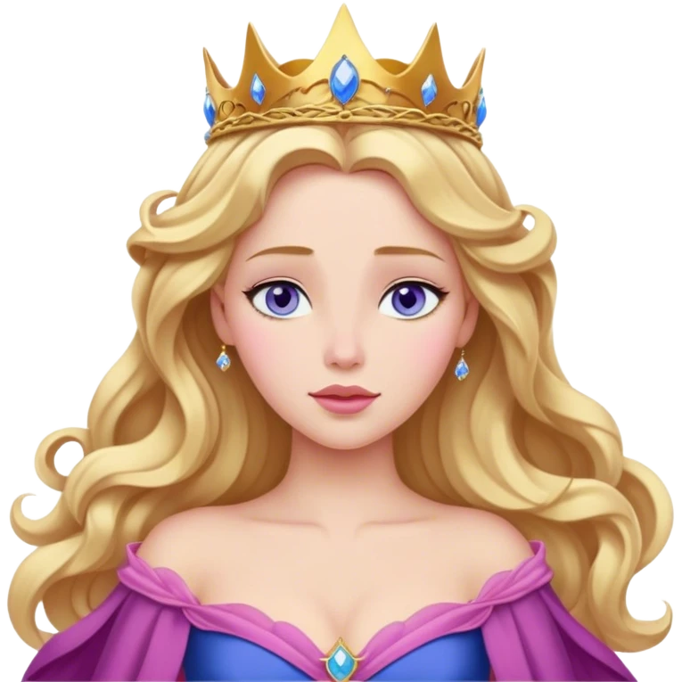 Cinematic Realistic Sleeping Beauty (Aurora) Portrait, with porcelain-like skin featuring a natural rosy flush, illuminated by soft lighting that highlights the gentle contours of her face. Her golden blonde hair flows in soft, detailed waves with subtle highlights that shimmer in the light. Her deep violet-blue eyes radiate warmth and innocence, framed by arched brows and long lashes. Her serene expression exudes quiet elegance. She is dressed in her classic pink gown, the fabric rich in texture with delicate folds that catch the light. A golden crown rests atop her head, gleaming with royal refinement. The portrait captures a soft, glowing aura, blending realism with an ethereal sense of beauty and timeless enchantment. emoji