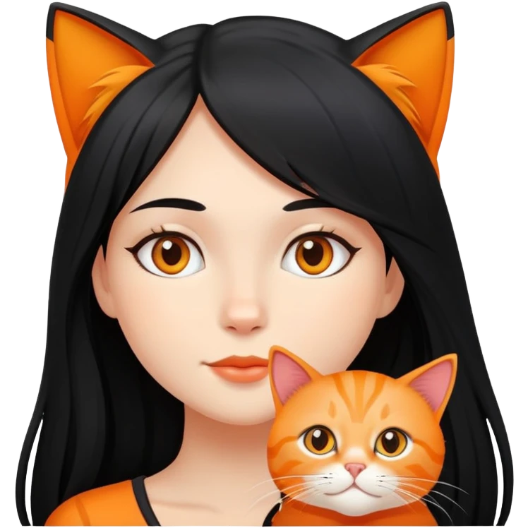 Black colour long hair, fair skin girl with orange colour cat emoji