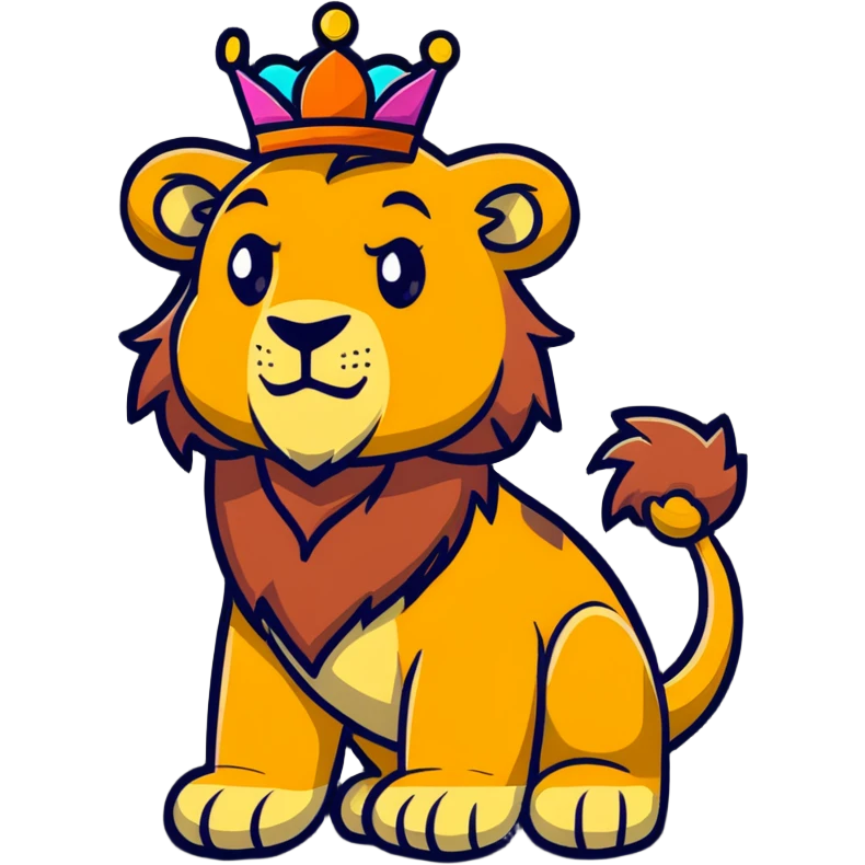 A majestic lion king with a crown facing a colorful dinosaur emoji