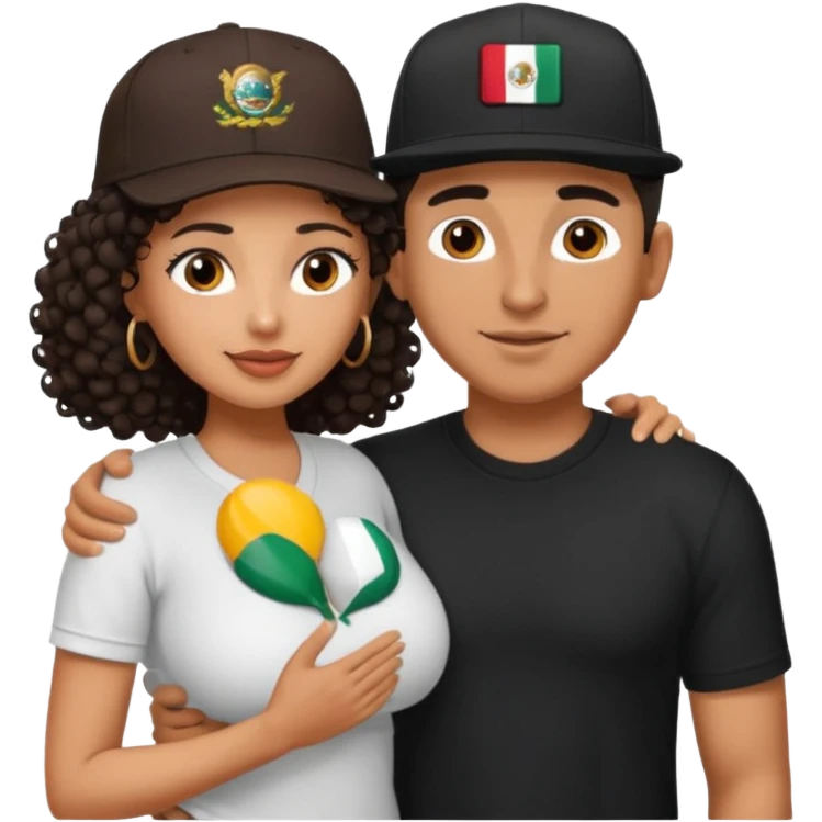 A picture of an embracing tanned couple. the man is a Mexican man with tanned skin, with a bald hair cut wearing a SnapBack hat and a black shirt. the woman has curly dark brown hair and with big naked boobs emoji