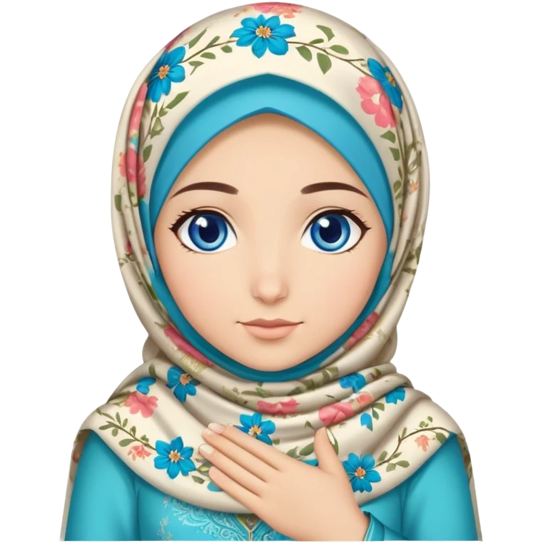 Turkish beautiful finish Konya girl blue eyes with floral hijab dress islamic dress and had on her hand text Eid Mubarak  emoji