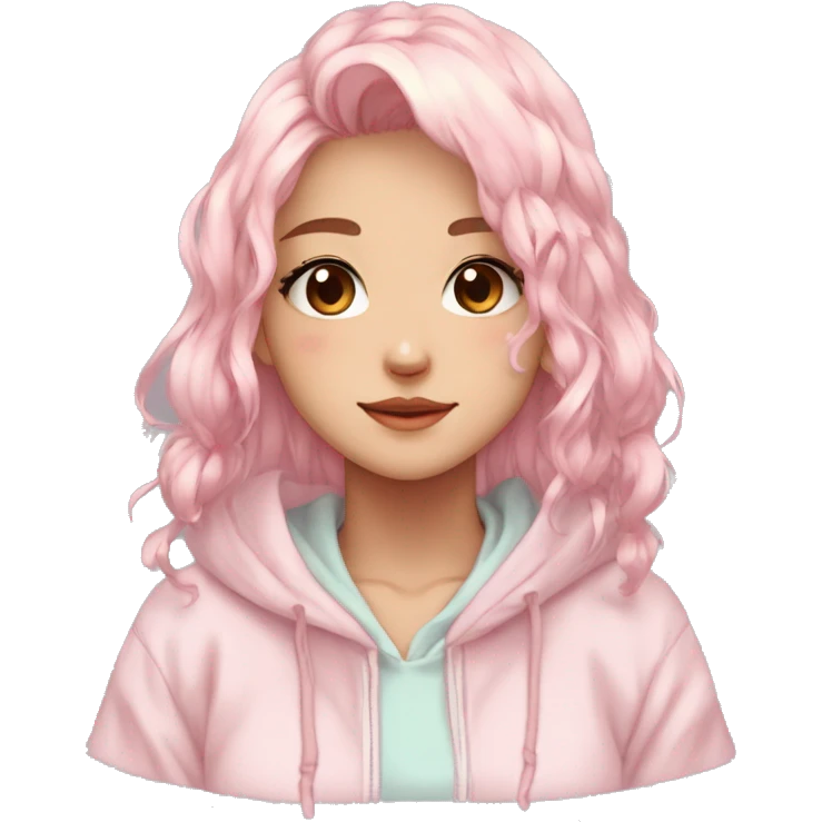 Gorgeous pastel anime girl with blushing face and hair garnitures and pretty hair and a hoodie aesthetic trending style emoji