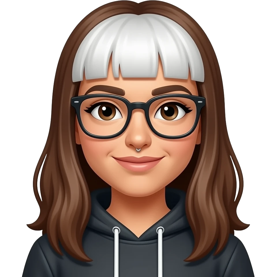 Emoji girl long Brown hair with white front hair and Glasses, also in hoodie, latina with a nose piercing emoji
