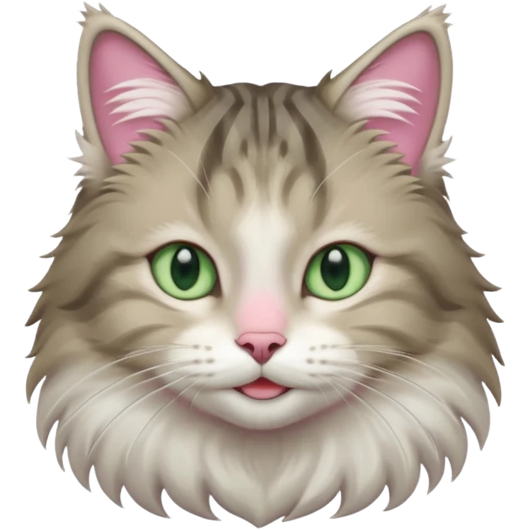 Siberian forest cat grey and white with white around eyes and light green eyes smiling pink nose emoji