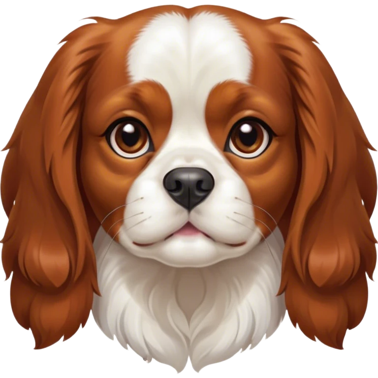 Cinematic Cute Blenheim Cavalier King Charles Spaniel Portrait Emoji, Head tilted playfully and inquisitively, silky Blenheim coat with warm chestnut and crisp white patches, round, sparkling brown eyes filled with curiosity, Simplified yet irresistibly adorable features, highly detailed, glowing with a warm, friendly glow, high shine, affectionate and lively, stylized with a touch of whimsy, bright and endearing, soft glowing outline, capturing the essence of a mischievous yet loving pup, so playful it feels like it could pounce out of the screen and into your arms! emoji
