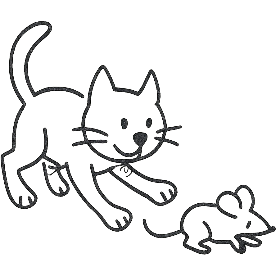 hand drawn outlined cat chasing a mouse icon emoji