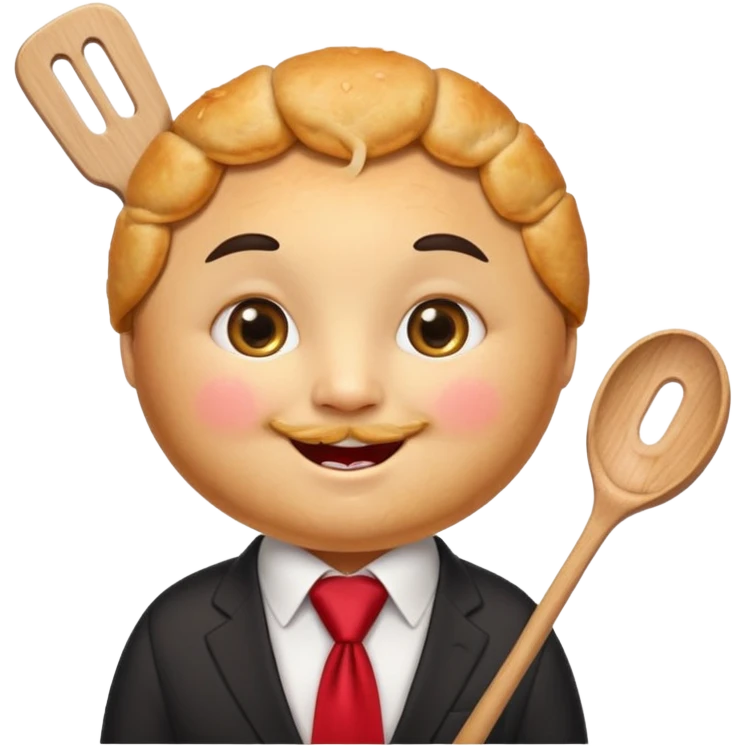 emoji style, happy fried empanada with face, big sparkling eyes, blushing cheeks, two buck teeth, red necktie, holding spatula, thick black outline, golden brown color, very cute and wholesome, transparent background emoji