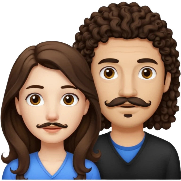 Couple emoji: girl is pale with brown straight long hair and boy is tan with black curly hair with a mustache and a goatee emoji