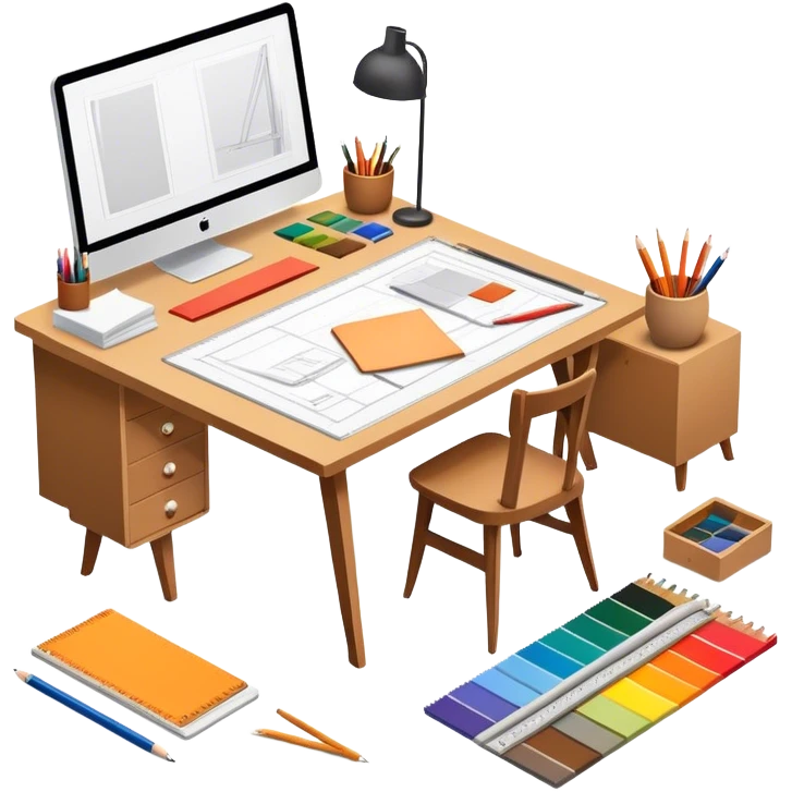 Icon for Furniture Design: a workspace with a designer sketching a piece of furniture, surrounded by design tools like a ruler, pencil, fabric swatches, and a 3D model of the furniture. The icon should represent the design process and creativity in furniture making. Transparent background. emoji