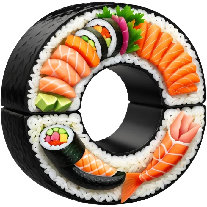 single round sushi maki cross-section, rice ring and colorful center emoji