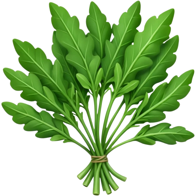 fresh arugula, small bunch, deep green, jagged elongated leaves, slender stems, curled surface, loosely arranged, no bowl or plate, soft lighting, emoji scale emoji