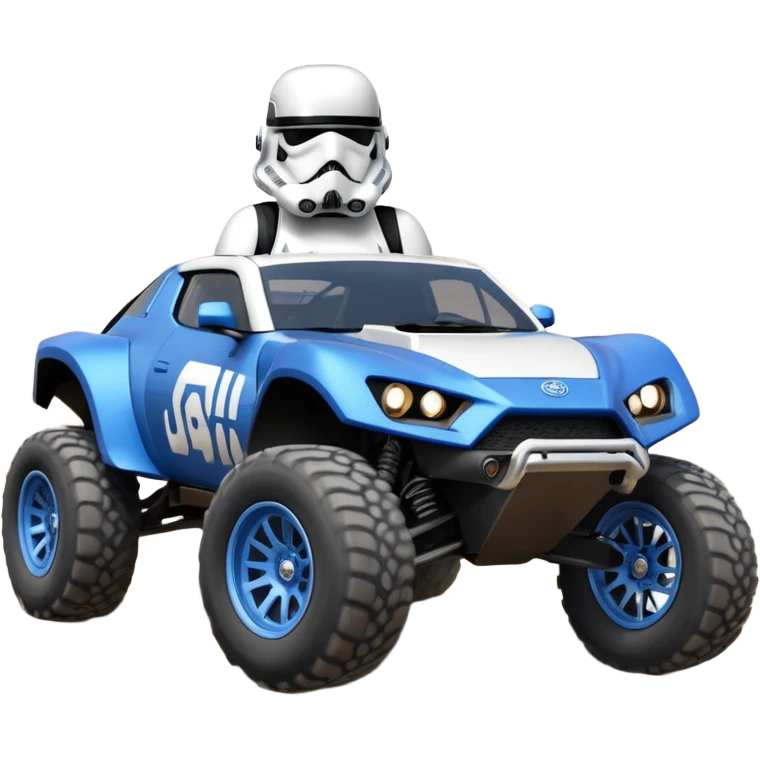 storm trooper evil darkly night blue Dirty and dented Local Motors Rally Fighter off road race car hot rod meets 2013 Toyota 86 trophy truck-style basher flying on a dusty road (silver wheels) emoji